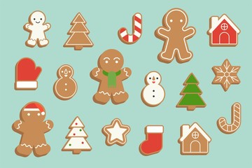 ginger bread cookie in various shape, Christmas tree, snowflake, snowman, star, sock and candy cane in flat design