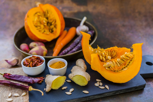 Ingredients for delicious and spicy Thai pumpkin cream soup.