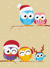 owl family on the branch christmas banner