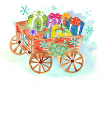 watercolor wooden wagon with presents