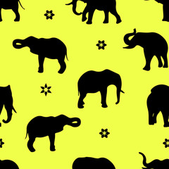 Silhouette of elephants Seamless pattern on yellow background,