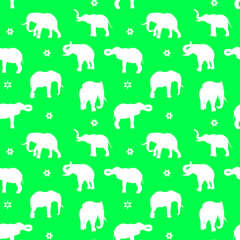 Silhouette of white elephants, Seamless pattern, (wallpaper) on green background,