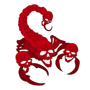 Red scorpion with a head skull (ornate), cartoon on a white background,