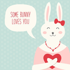 Cute retro hand drawn Valentine's Day card as funny Bunny with Heart and speech bubble