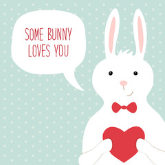 Cute retro hand drawn Valentine's Day card as funny Bunny with Heart and speech bubble