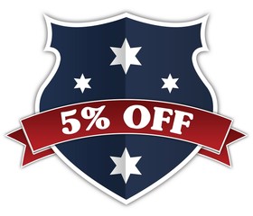 Blue shield and red ribbon with 5 PERCENT OFF text.