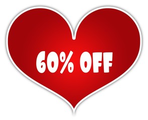 60 PERCENT OFF on red heart sticker label.