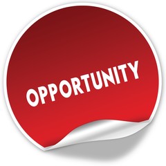 OPPORTUNITY text on realistic red sticker on white background.