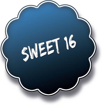 SWEET 16 text written on blue round label badge.