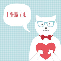 Obraz na płótnie Canvas Cute retro hand drawn Valentine's Day card as funny Cat with Heart and speech bubble