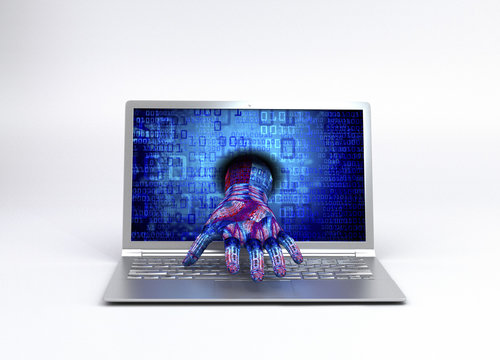 Hand is coming out of computer