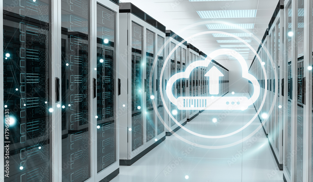 Aufkleber cloud icon downloading datas in server room center 3d rendering