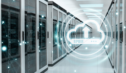 Cloud icon downloading datas in server room center 3D rendering