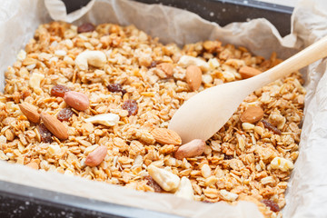 Baked oats granola with nuts and honey.