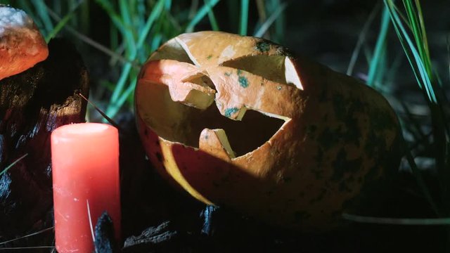 Close-up shot of Jack-o-lantern made for Halloween. One pumpkin with a carved face on it and one red burning wax candle standing on a burned stump in the dark. 4K