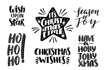 Merry christmas quotes set, vector text for design greeting cards, photo overlays, prints, posters. Hand drawn lettering.