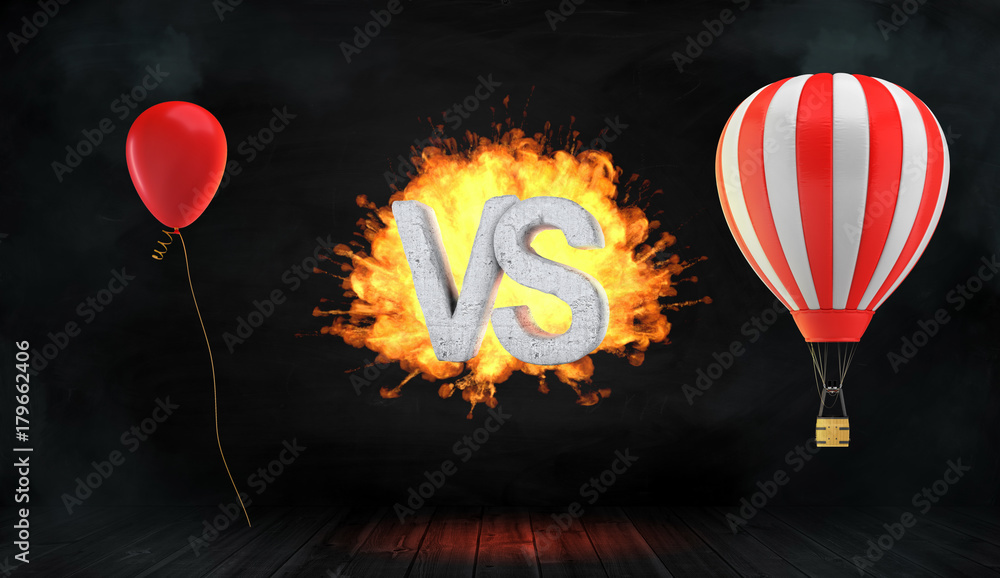 Poster 3d rendering of a large flaming word vs stands between a red party balloon and a striped hot air bal