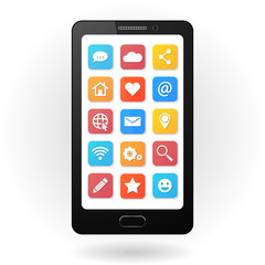 Set of social media icons with smartphone. Flat design style. Isolated on white background.
