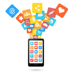 Set of social media icons with smartphone. Flat design style. Isolated on white background.