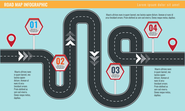 Trendy infographic template with road map using pointers and arrows. Illustrated vector.