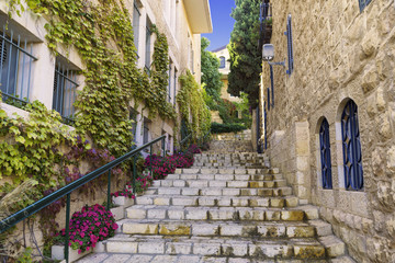 Street in the old district of the Mishkenot Shaananim of Jerusalem, Israel