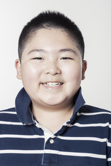 A fat boy portrait with smile isolated white.