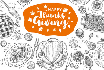 Hand drawn Thanksgiving dinner, Vector Illustration