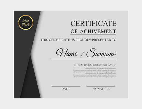 Gray luxury certificate of achivement template with golden award badge. Modern diploma blank