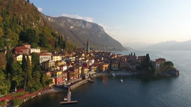 Village of Varenna, Como lake in Italy. Aerial view with drone