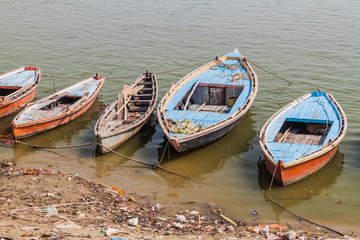 Small boats at river Ganges in Varanasi, India