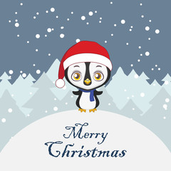 Illustration of a cute little penguin on a snowy background