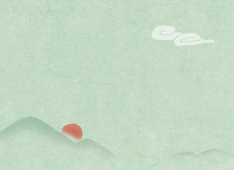Mountains, sun and clouds are painted on Korean traditional paper.