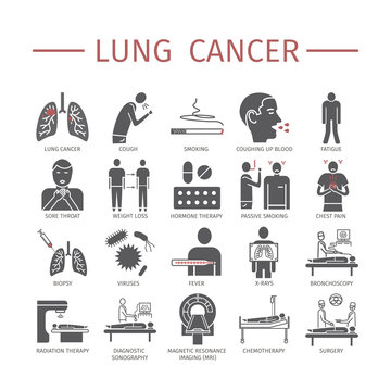 Lung Cancer. Symptoms, Causes, Treatment. Flat icons set. Vector signs for web graphics.