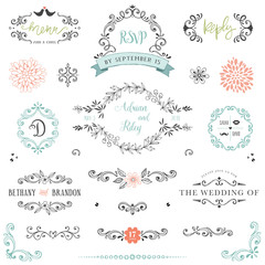 Hand drawn rustic Save the Date and Wedding collection with typographic design elements. Ornate motives, branches, wreaths, monograms, frames and flowers.