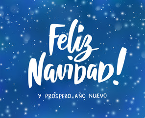 Feliz Navidad y Prospero Ano Nuevo - spanish Merry Christmas and Happy New Year text. Holiday greetings quote. Winter background with falling snow effect.