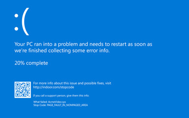 Modern blue screen of death (BSOD) error. Installation new software and hardware problem, virus, emulation, virtual machine, video, register. System Crash Report Background. Vector Illustration