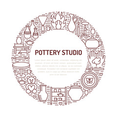 Pottery workshop, ceramics classes banner illustration. Vector line icon of clay studio tools. Hand building, sculpturing equipment. Art shop circle template with place for text.