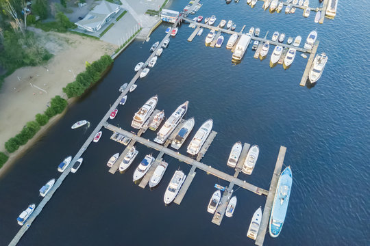 View from the drone of the yachts and boats near the pier