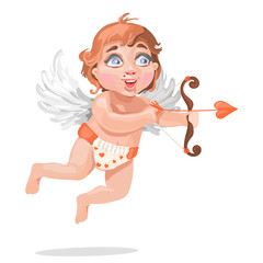 Adorable baby Cupid in diaper with hearts and beautiful bow, flying with the wings and keeping the love arrow. Cute and beautiful funny emotion on baby face. Flat, hand drawn Cupid vector character