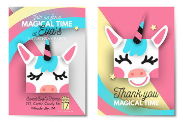 Happy Birthday party invitation, deisng layout, template. Cute paper cutout (paper art) unicorn with closed eyes on geometric background. Two sides brochure, invitation and thank you