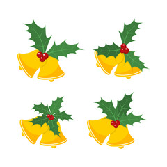 Christmas bell with holly berry leaves. Vector illustration