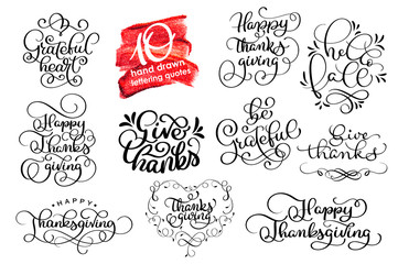 Vector set Thanksgiving lettering for invitations or festive greeting cards. Handwritten calligraphy Grateful Thankful Blessed etc
