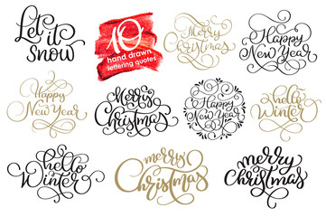 Set of ten hand written Christmas calligraphy lettering texts Merry Christmas Happy New Year Hello Winter for greeting card. handmade vector illustration