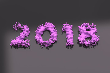 Liquid violet 2018 number with drops on black background