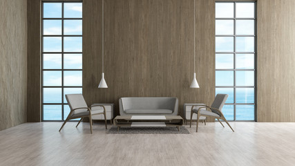 Modern interior living room wood floor sofa set sea view summer 3d rendering