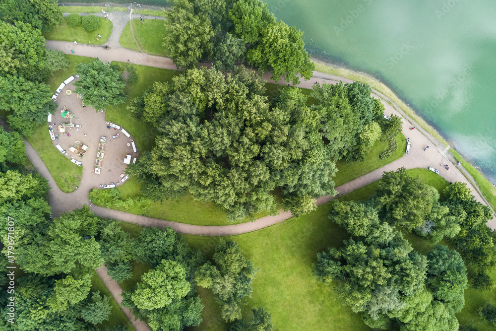 Wall mural top view of the park with walking paths and playground