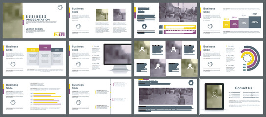 Yellow and purple business presentation slides templates from infographic elements. Can be used for presentation, flyer and leaflet, brochure, marketing, advertising, annual report, banner, booklet. - obrazy, fototapety, plakaty