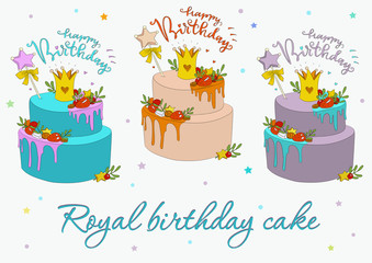 big two-tiered cake with a crown and berries. Birthday card