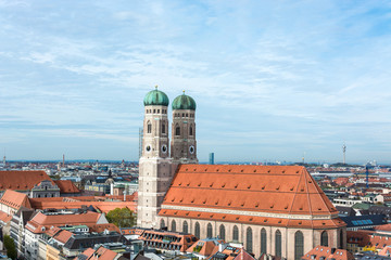 Aerial view on Frauenkirche and city center near Marienplatz in Munich, Germany