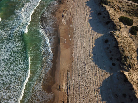 View of the sandy beach from the air. Spain, Valencia , playa el saler, Mediterranean sea